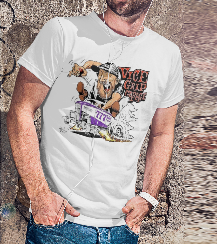 Vice Grip Garage 777 Cartoon Hot Rod Illustration With Bearded Driver And Smoking Tires T-Shirt