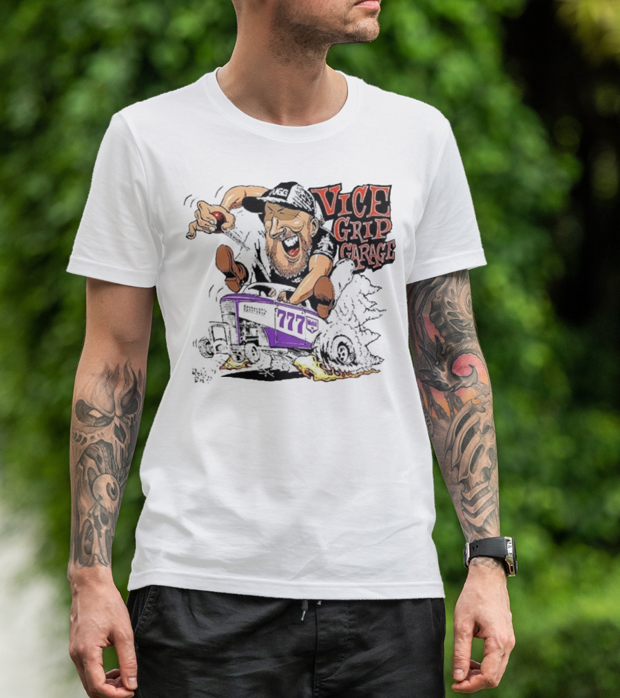 Vice Grip Garage 777 Cartoon Hot Rod Illustration With Bearded Driver And Smoking Tires T-Shirt