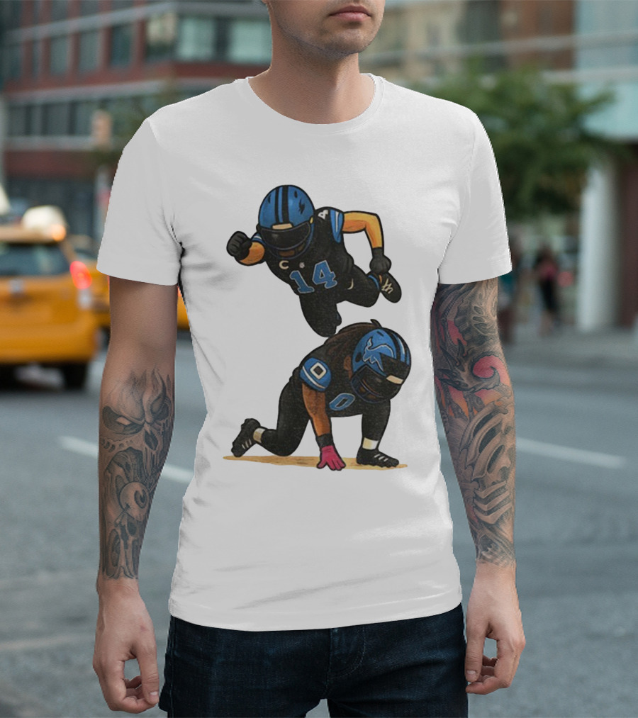 Amon Ra St. Brown Jahmyr Gibbs 14 00 Blue Black Football Celebration T-Shirt