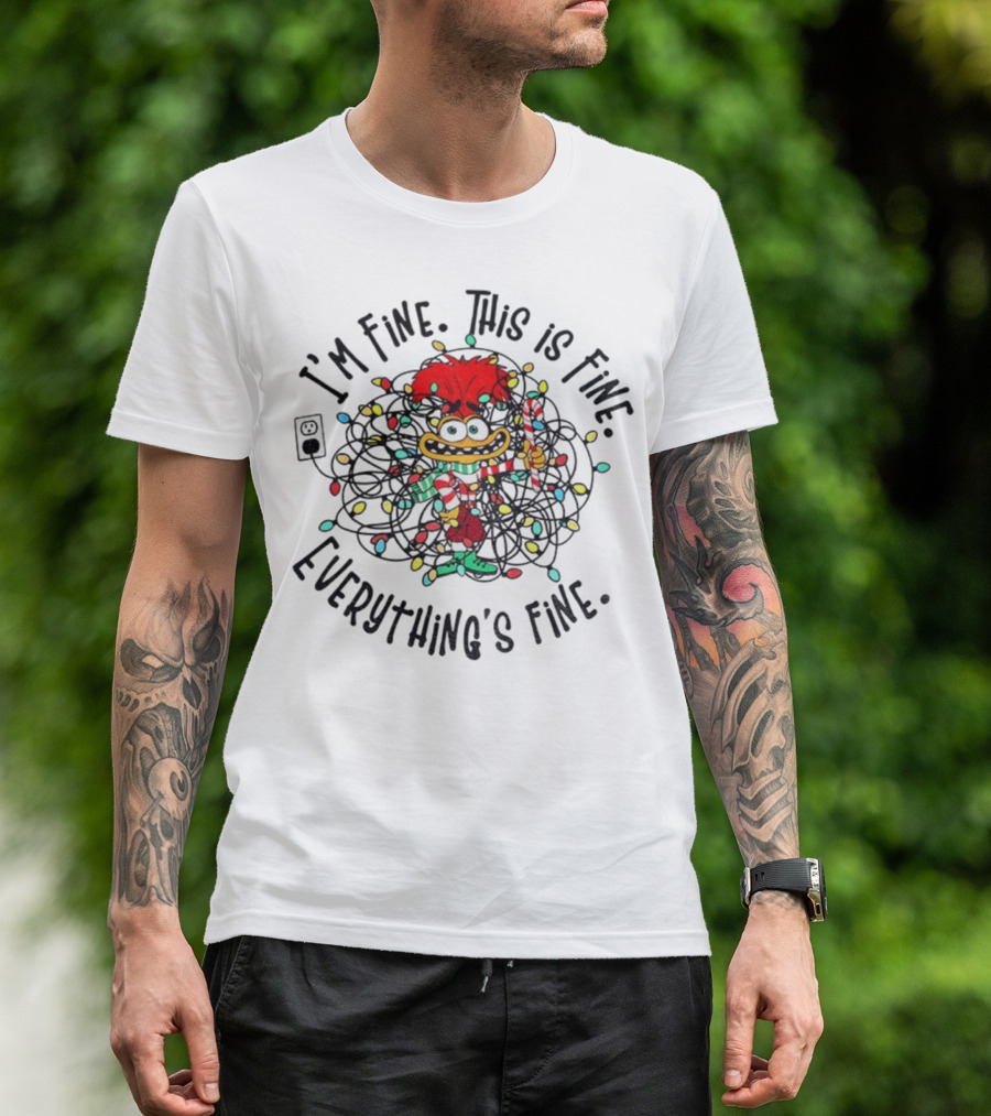 I'm Fine This Is Fine Everything's Fine Anxiety Inside Out 2 Holiday Lights Candy Cane T-Shirt