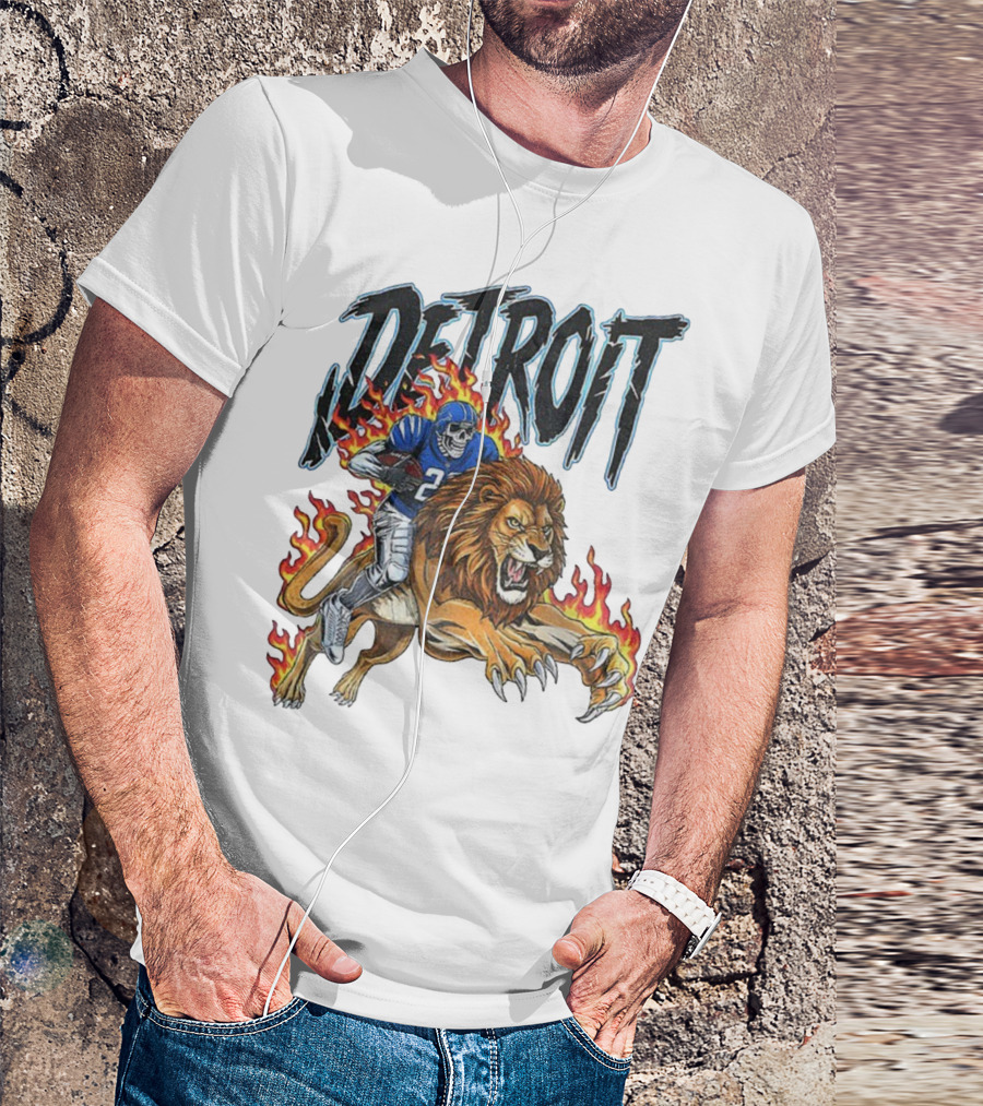 Detroit Lions Vintage Skeleton Riding Flaming Lion Football Game Day T-Shirt