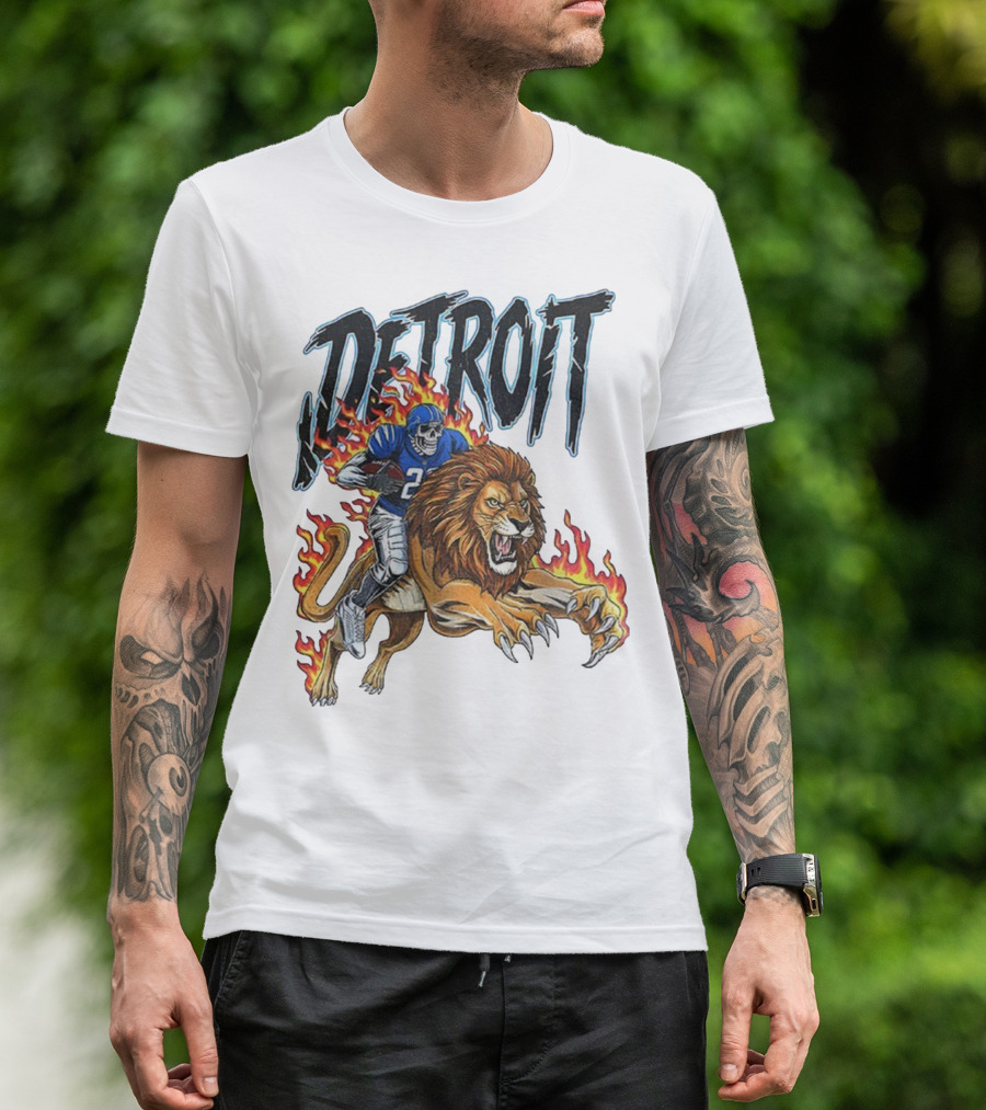 Detroit Lions Vintage Skeleton Riding Flaming Lion Football Game Day T-Shirt