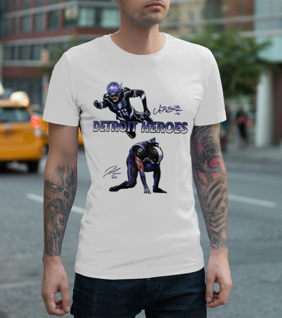 Jahmyr Gibbs Amon Ra St Brown Detroit Heroes 2025 Signature T-Shirt