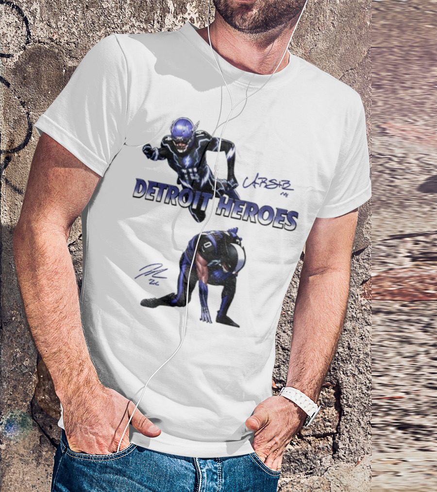 Jahmyr Gibbs Amon Ra St Brown Detroit Heroes 2025 Signature T-Shirt