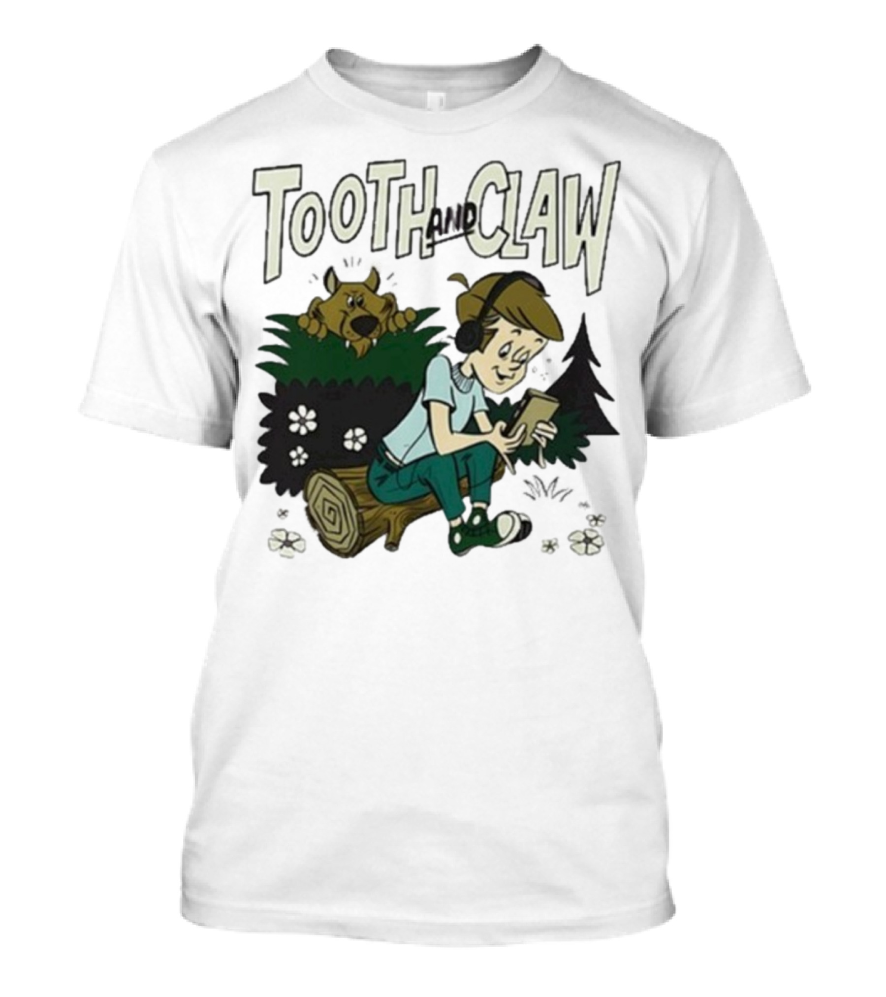 Tooth And Claw Podcast Don’t Look Behind You Headphones Listening Cartoon Dog Forest Scene T-Shirt