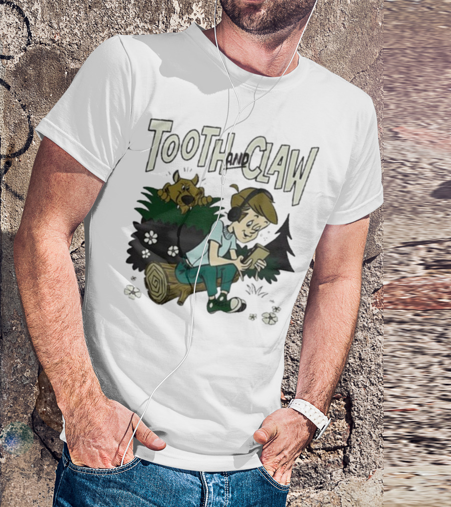 Tooth And Claw Podcast Don’t Look Behind You Headphones Listening Cartoon Dog Forest Scene T-Shirt