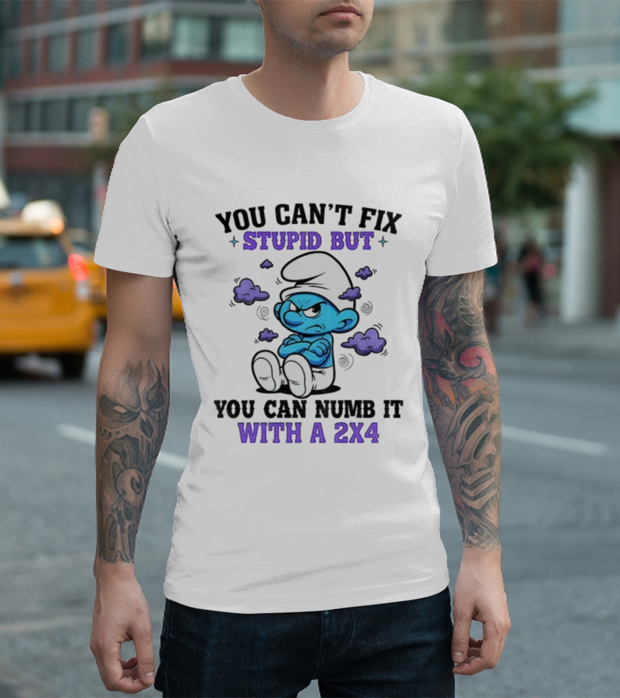 Angry Smurfs You Can't Fix Stupid But You Can Numb It With A 2x4 T-Shirt