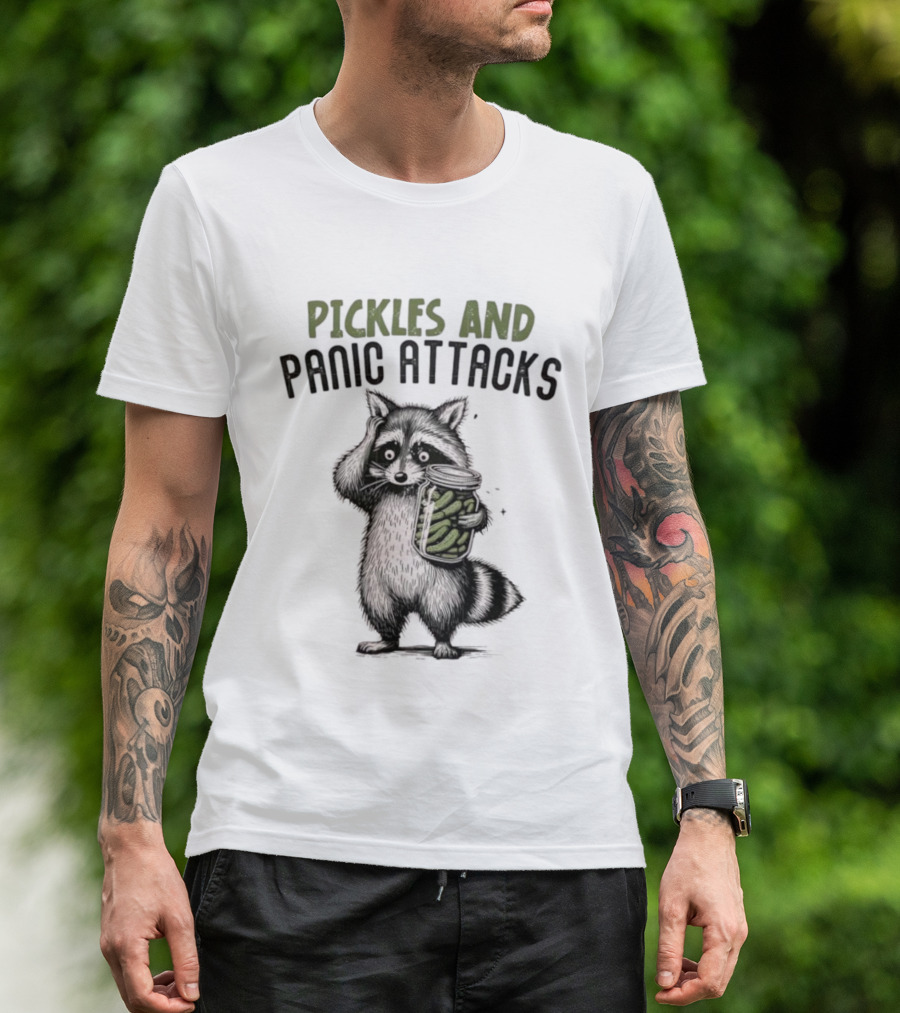 Pickles And Panic Attacks Raccoon Holding Jar Retro Mental Health Awareness T-Shirt
