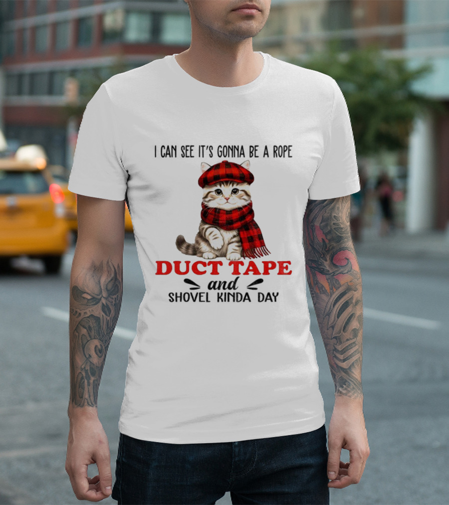 Cat In Red Plaid Hat Duct Tape Christmas T-Shirt