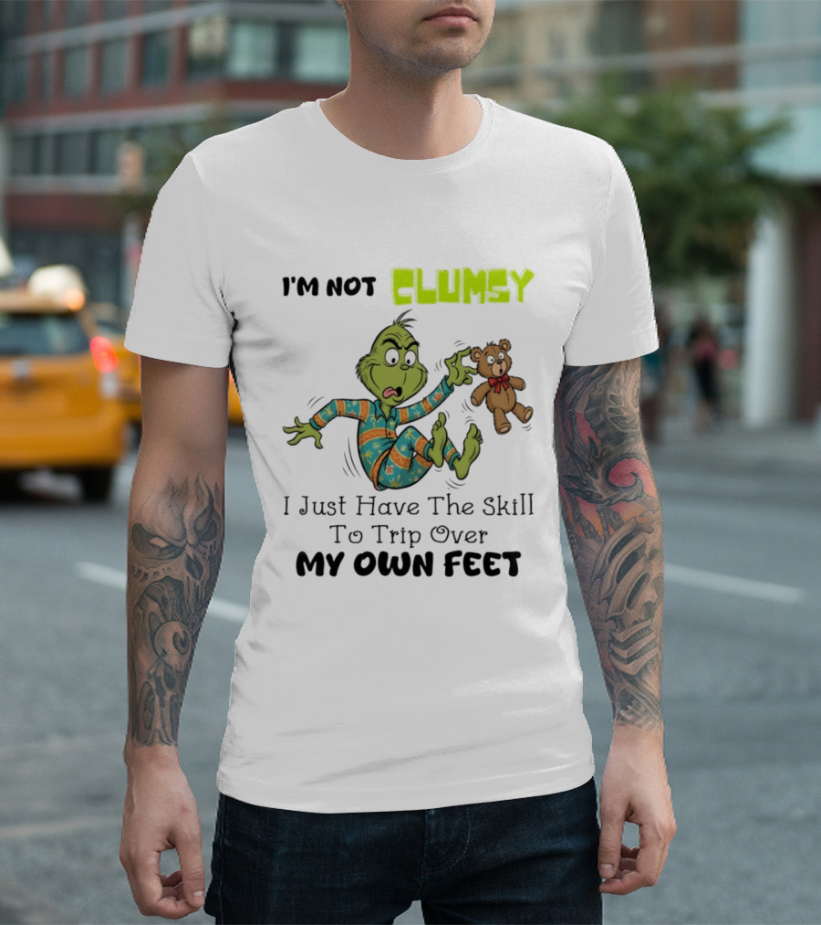 Grinch Clumsy Trip Over My Own Feet Christmas Pajamas Bear T-Shirt