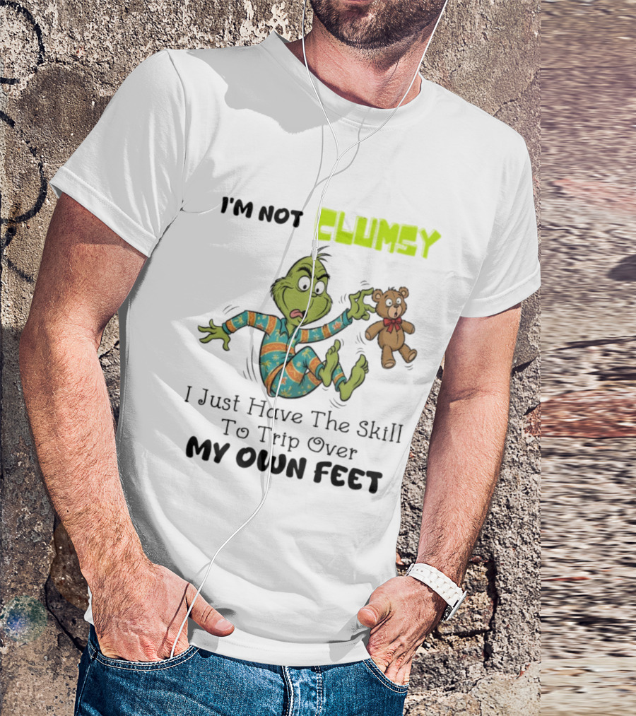Grinch Clumsy Trip Over My Own Feet Christmas Pajamas Bear T-Shirt