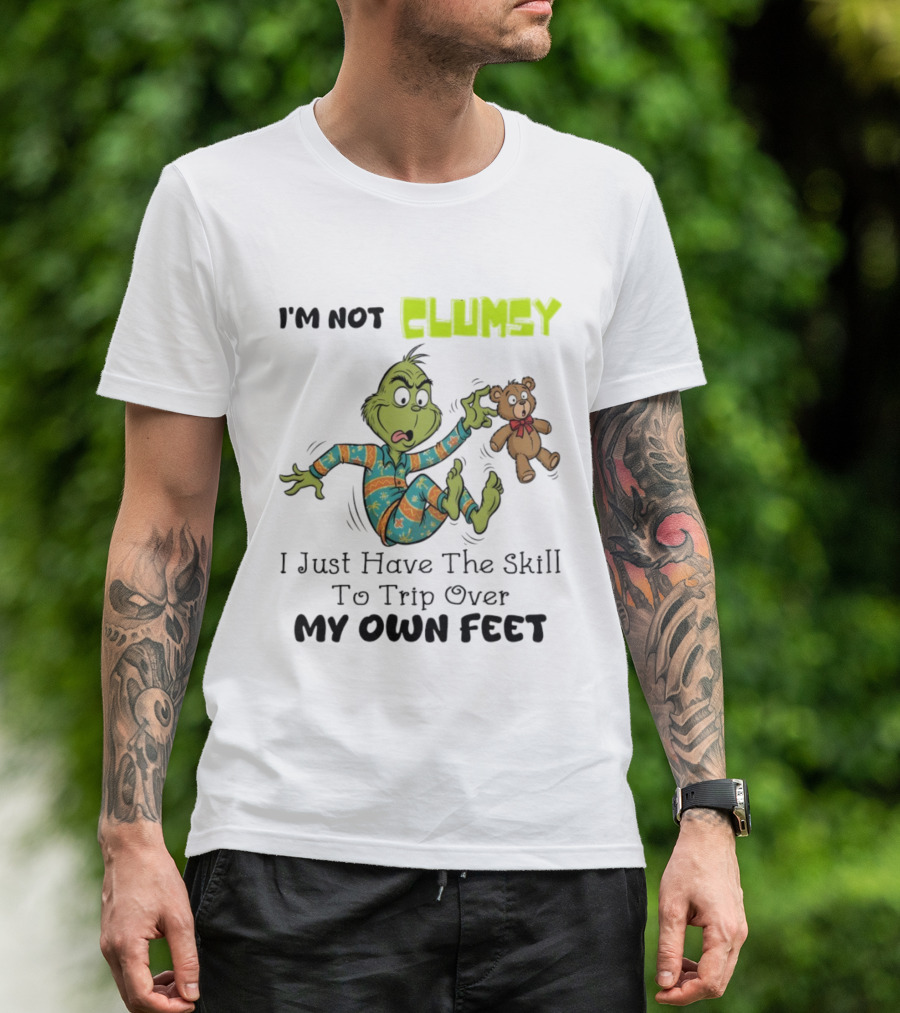 Grinch Clumsy Trip Over My Own Feet Christmas Pajamas Bear T-Shirt