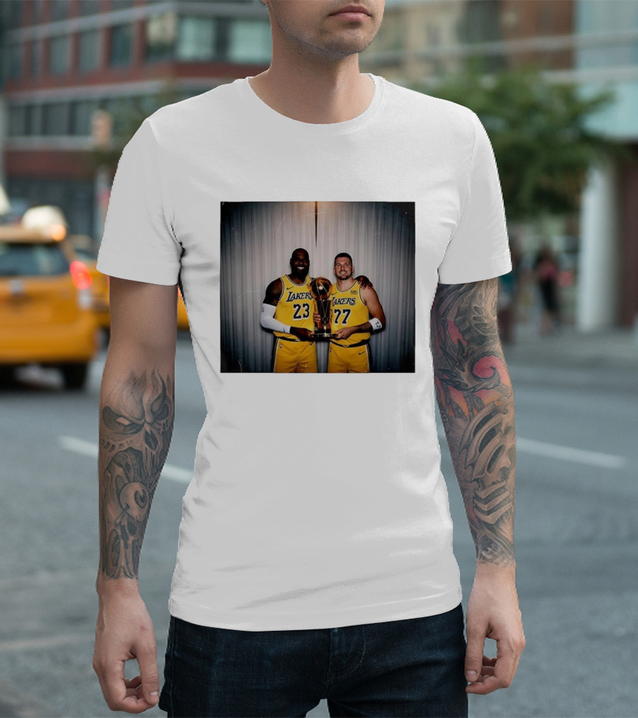 Los Angeles Lakers LeBron James Luka Dončić Holding Trophy June 2026 T-Shirt