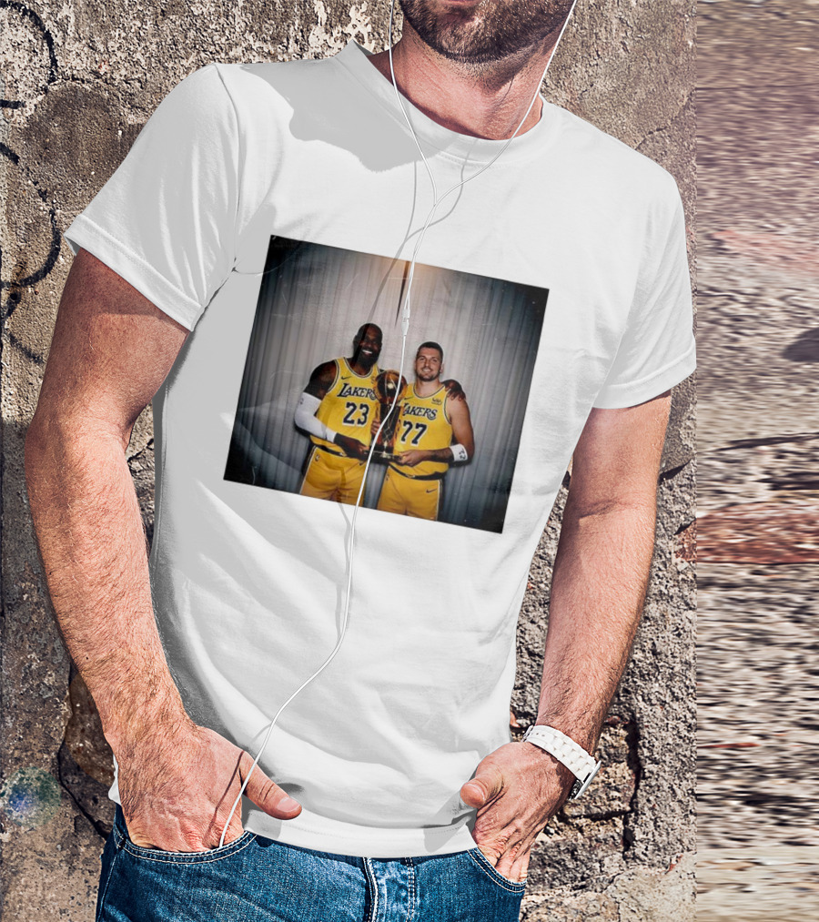 Los Angeles Lakers LeBron James Luka Dončić Holding Trophy June 2026 T-Shirt
