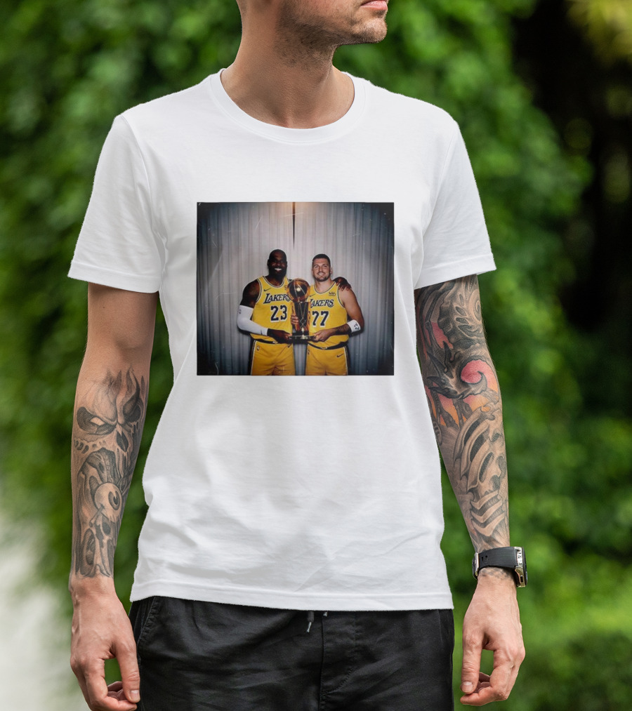 Los Angeles Lakers LeBron James Luka Dončić Holding Trophy June 2026 T-Shirt