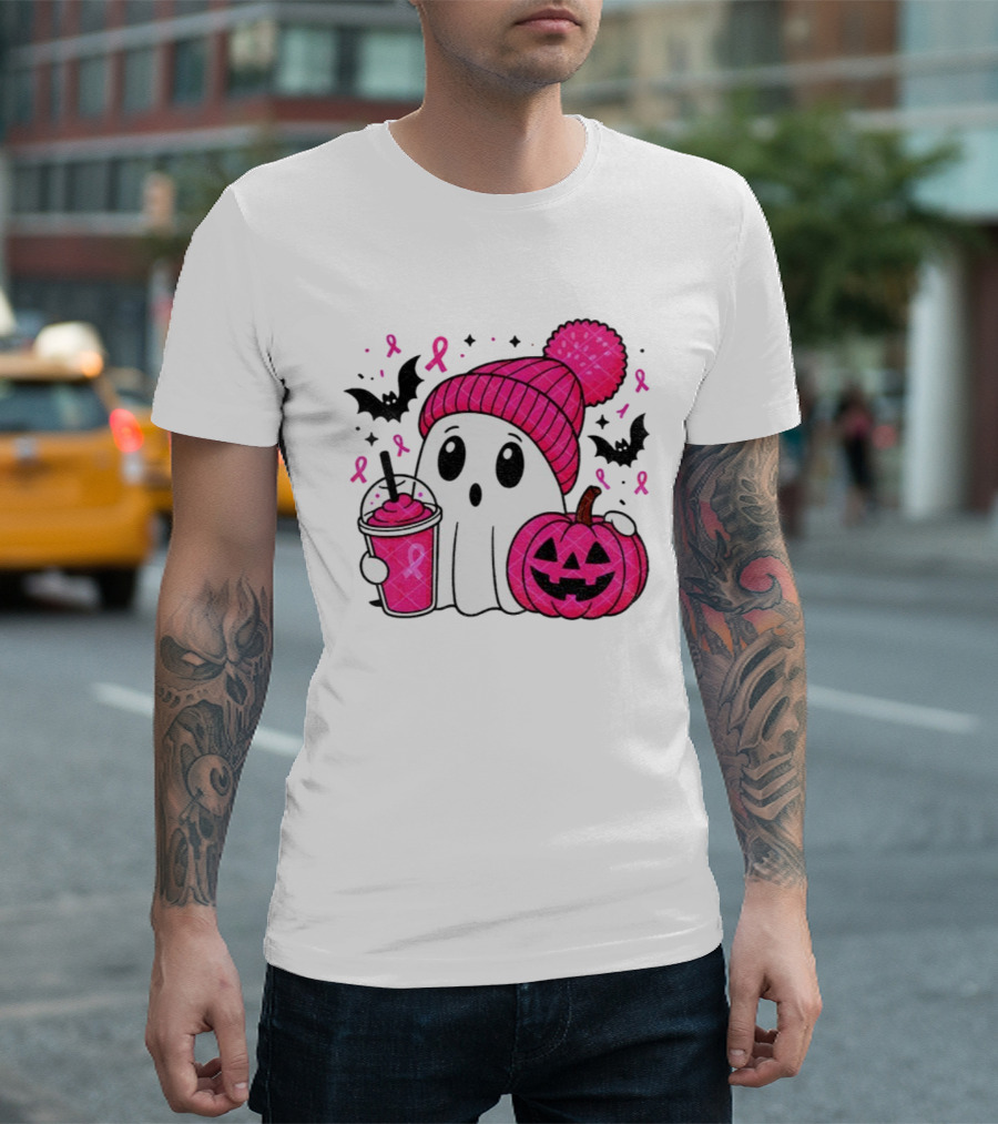 Spooky Ghost Pink Pumpkin Breast Cancer Awareness With Ribbon In October We Wear Pink T-Shirt