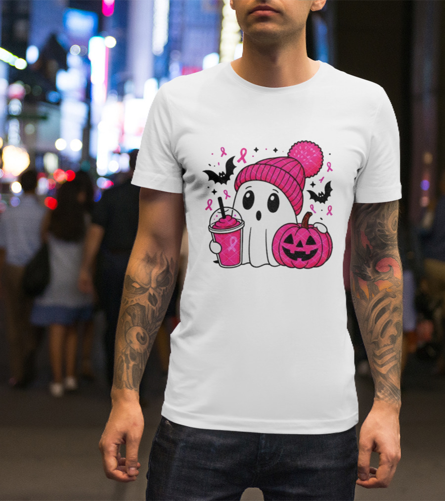 Spooky Ghost Pink Pumpkin Breast Cancer Awareness With Ribbon In October We Wear Pink T-Shirt