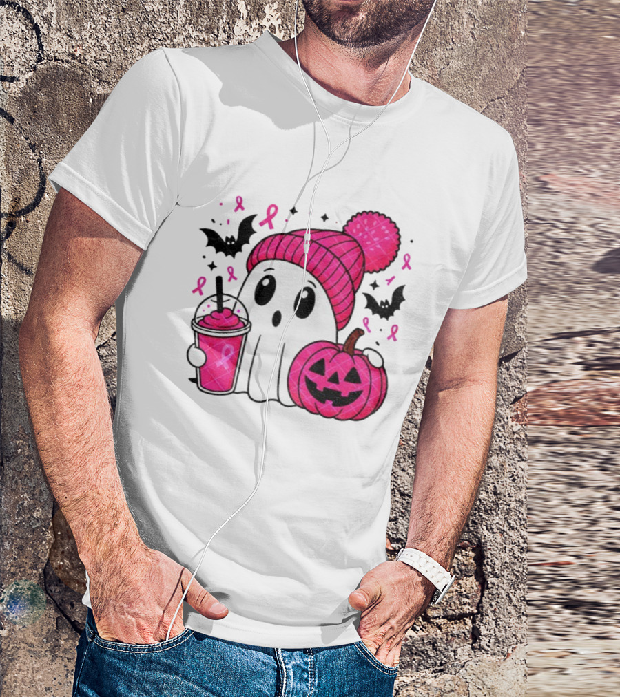 Spooky Ghost Pink Pumpkin Breast Cancer Awareness With Ribbon In October We Wear Pink T-Shirt