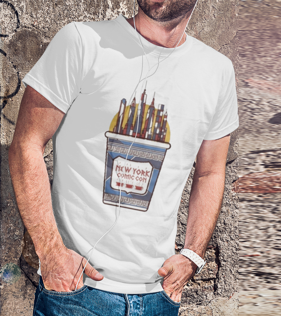 New York Comic Con 2025 Coffee Cup Skyline Tower Design T-Shirt