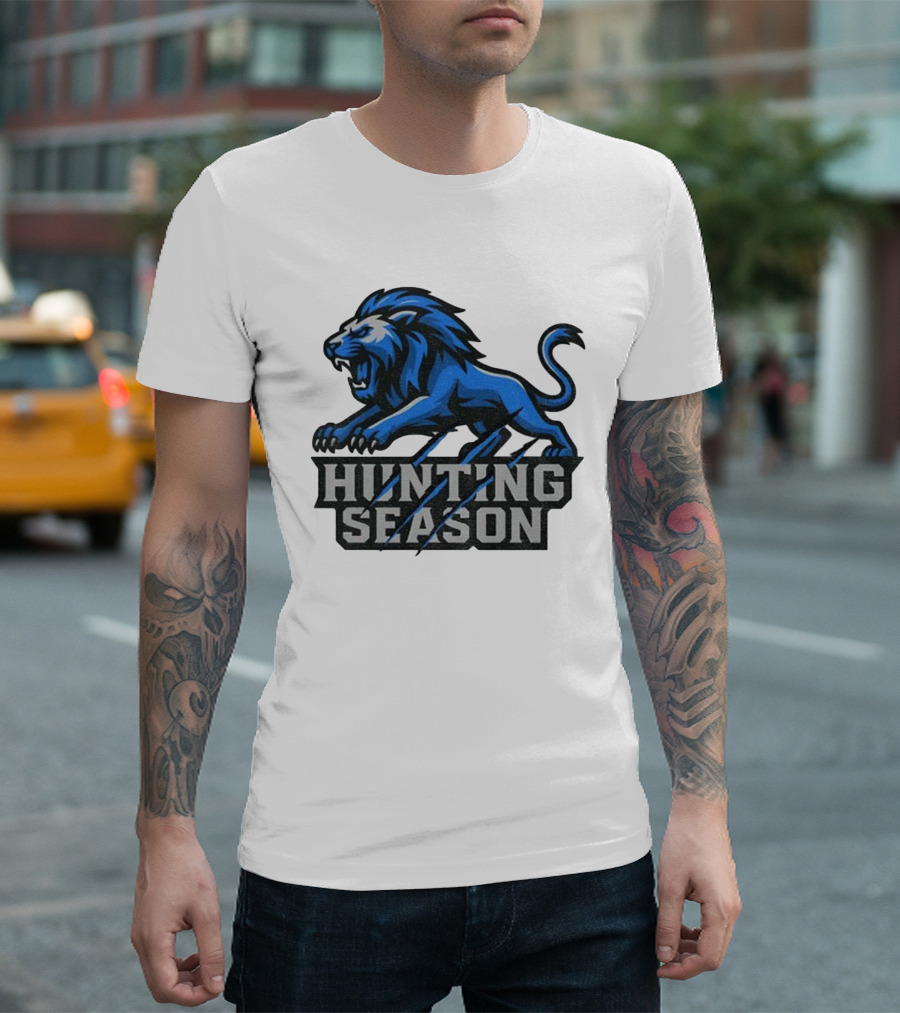 Detroit Lions Hunting Season Roaring Blue Lion NFL Fan Gear T-Shirt