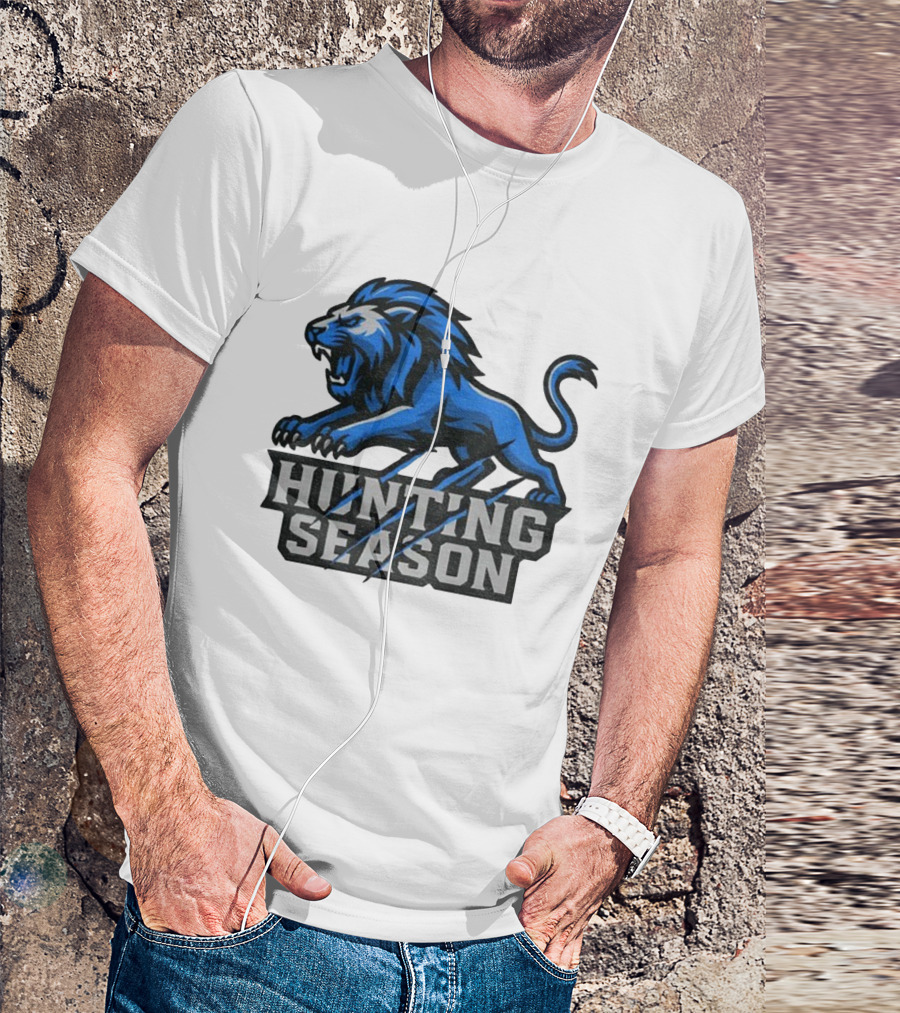 Detroit Lions Hunting Season Roaring Blue Lion NFL Fan Gear T-Shirt