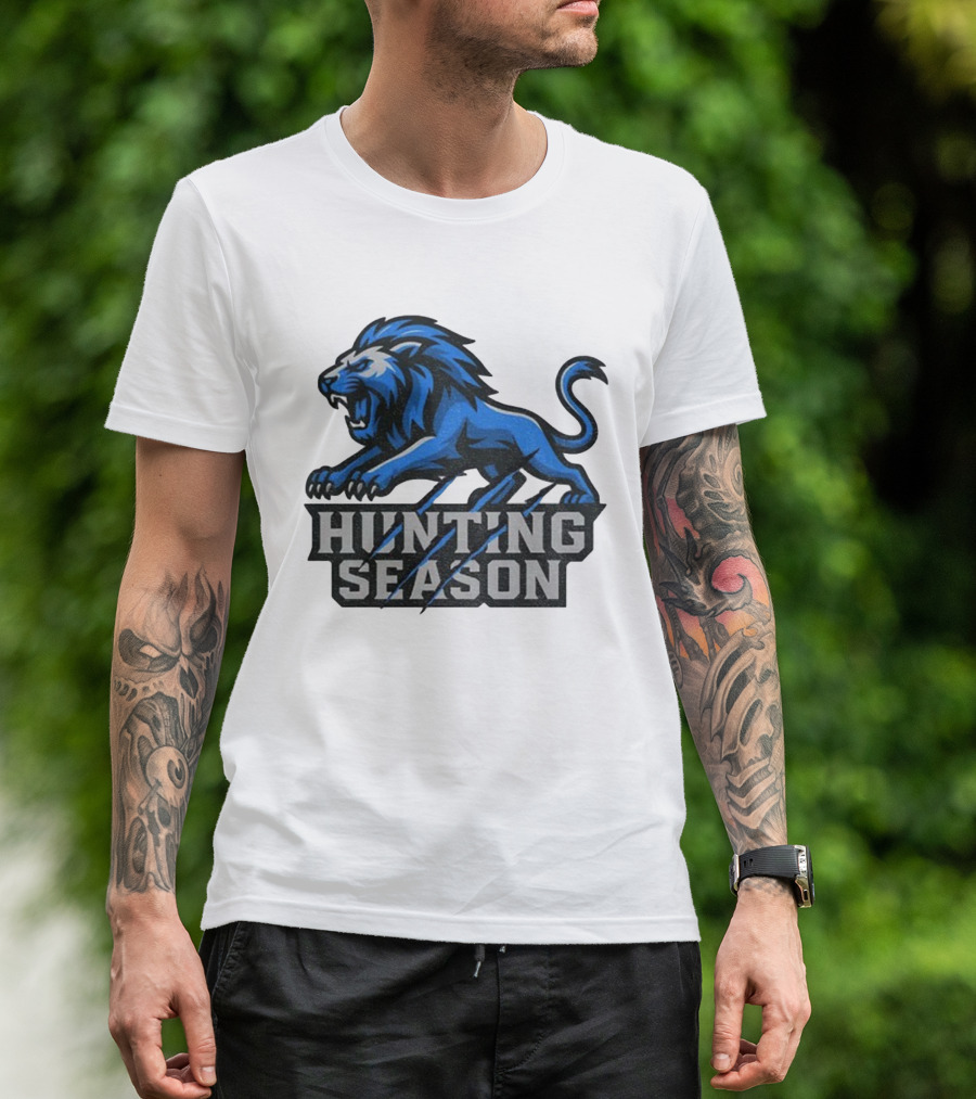 Detroit Lions Hunting Season Roaring Blue Lion NFL Fan Gear T-Shirt