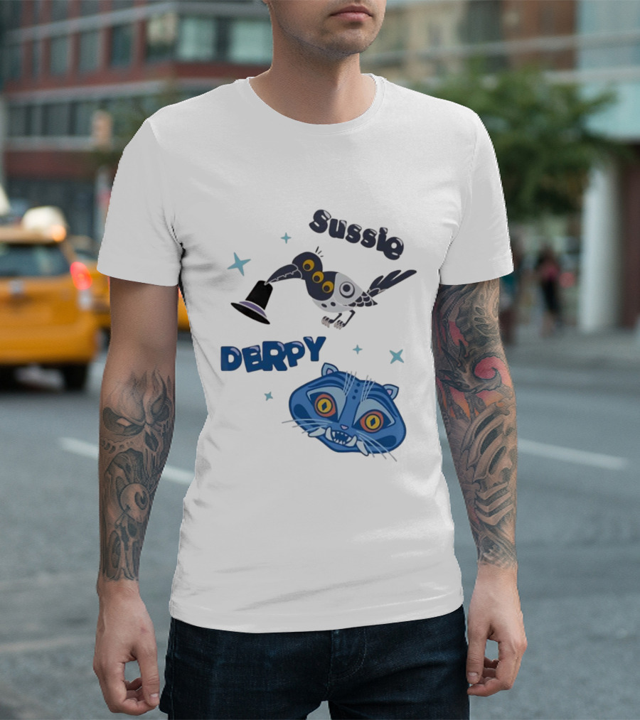 Sussie Derpy Cartoon Bird And Tiger Characters With Stars KPop Demon Hunters T-Shirt