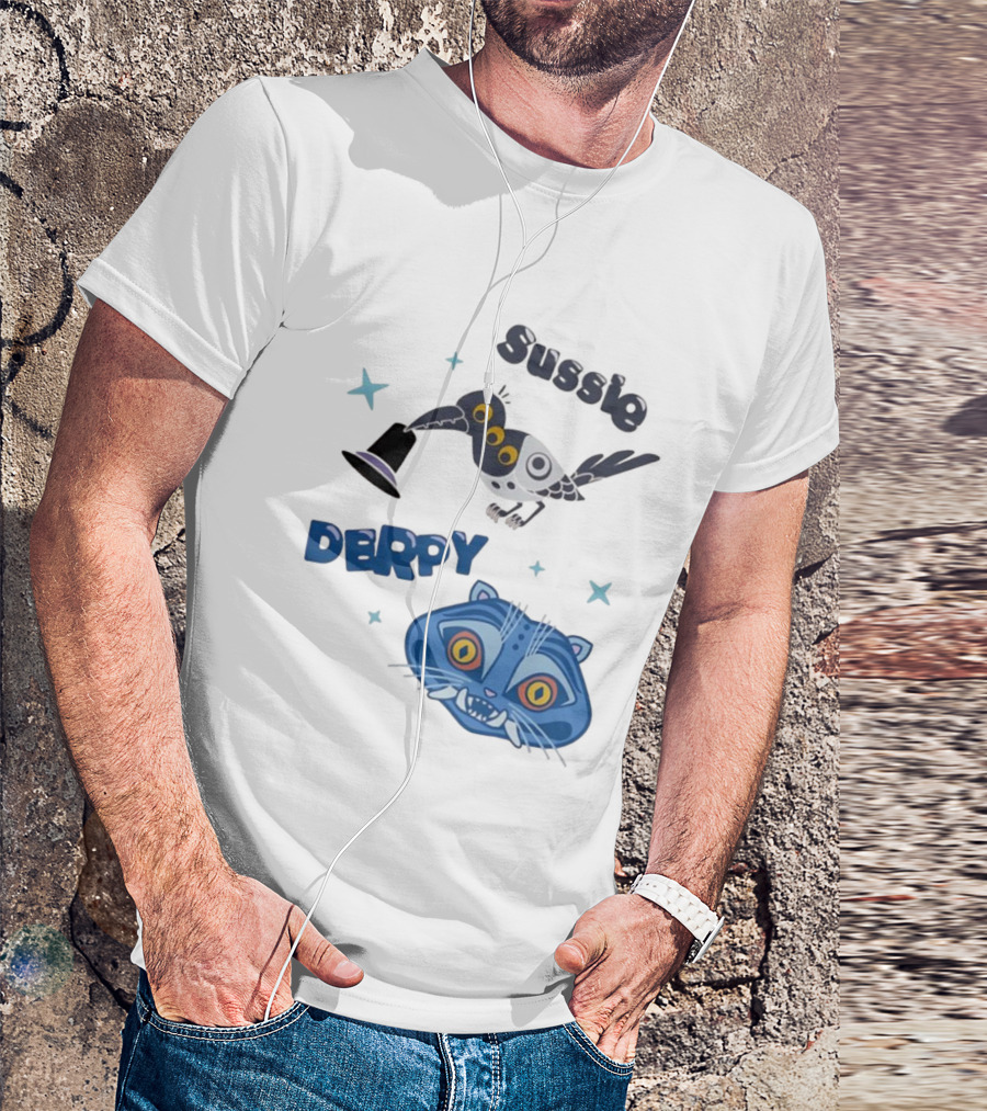 Sussie Derpy Cartoon Bird And Tiger Characters With Stars KPop Demon Hunters T-Shirt