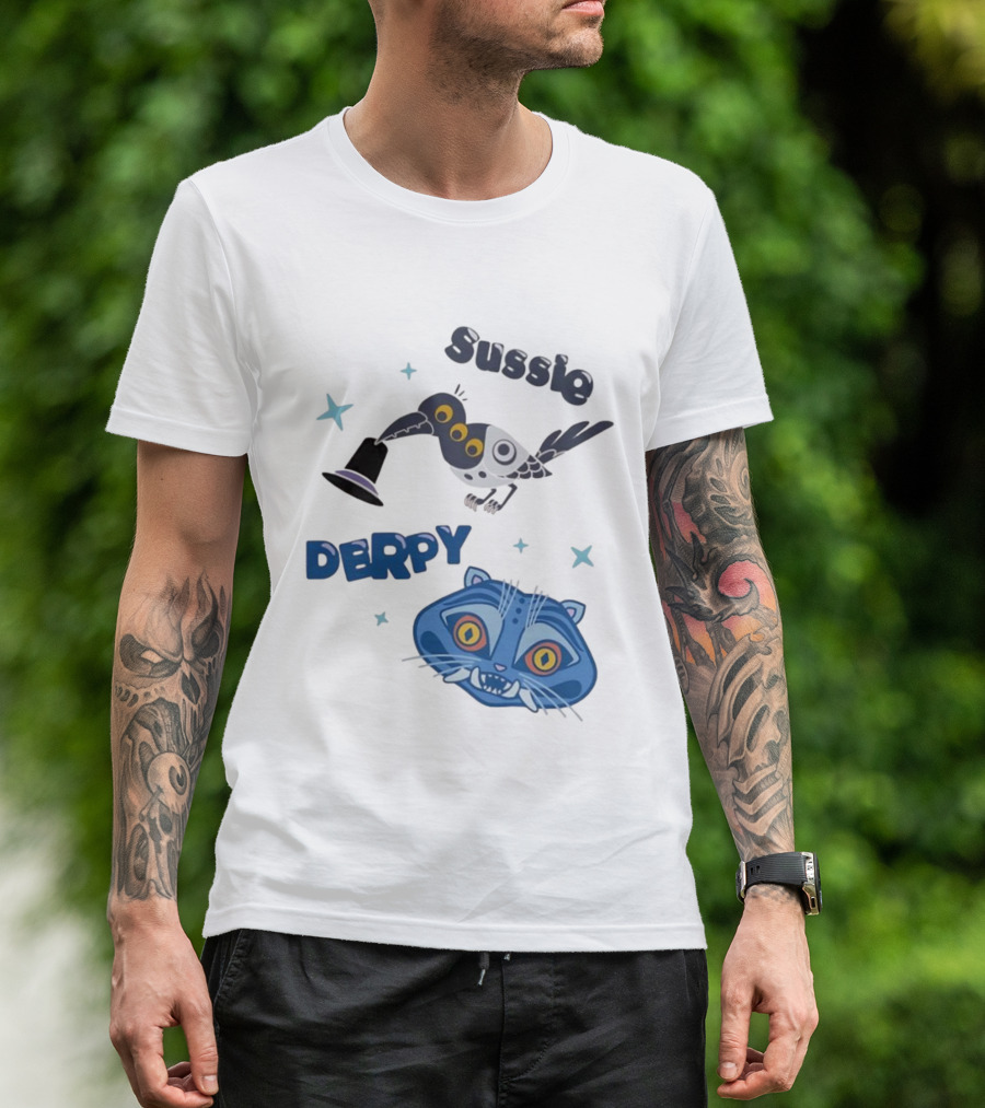 Sussie Derpy Cartoon Bird And Tiger Characters With Stars KPop Demon Hunters T-Shirt