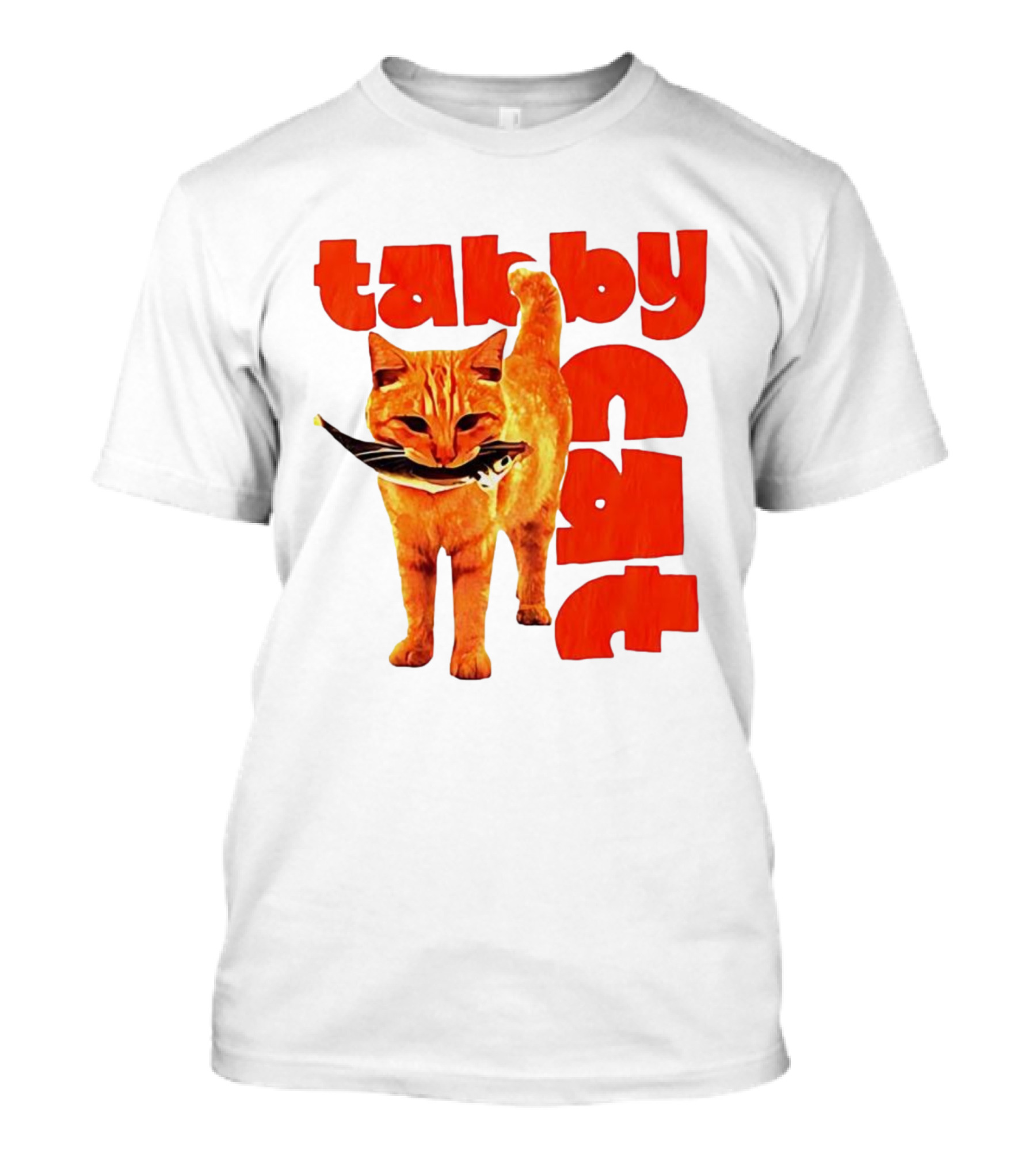 Tabby Cat Holding Fish Meme Retro Font T-Shirt