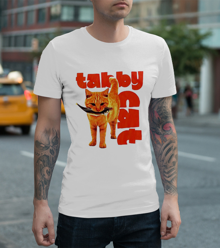 Tabby Cat Holding Fish Meme Retro Font T-Shirt