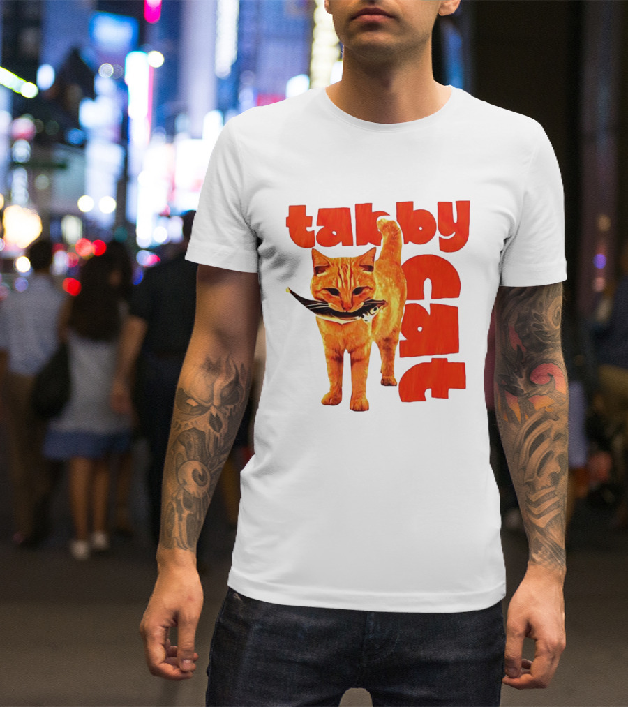 Tabby Cat Holding Fish Meme Retro Font T-Shirt