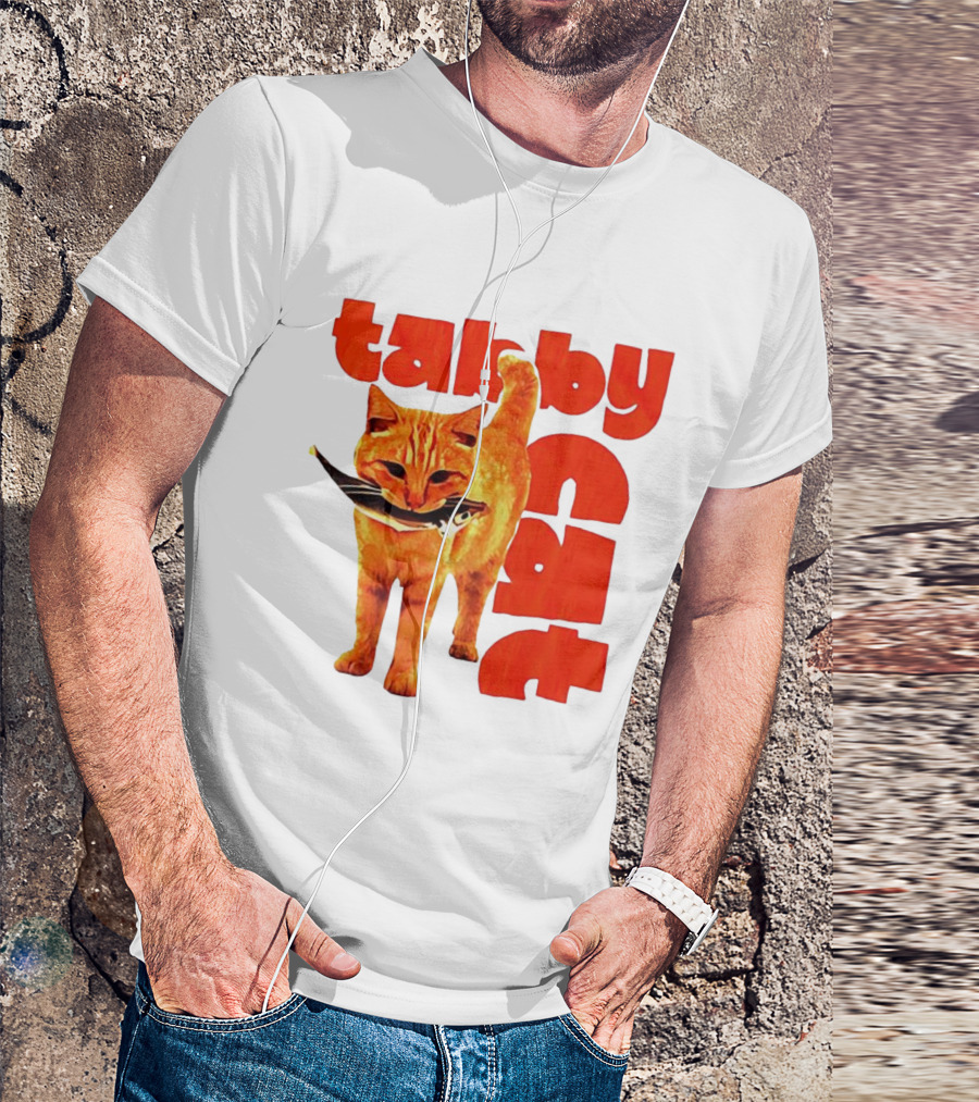 Tabby Cat Holding Fish Meme Retro Font T-Shirt