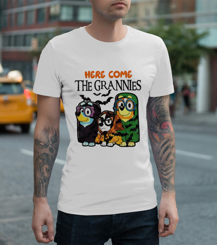Here Come The Grannies Halloween Blue Dog Characters In Costumes T-Shirt