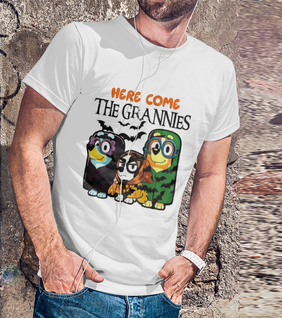 Here Come The Grannies Halloween Blue Dog Characters In Costumes T-Shirt