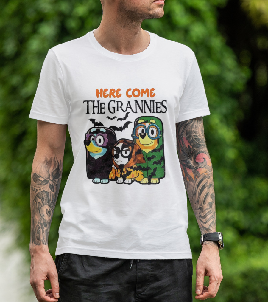 Here Come The Grannies Halloween Blue Dog Characters In Costumes T-Shirt