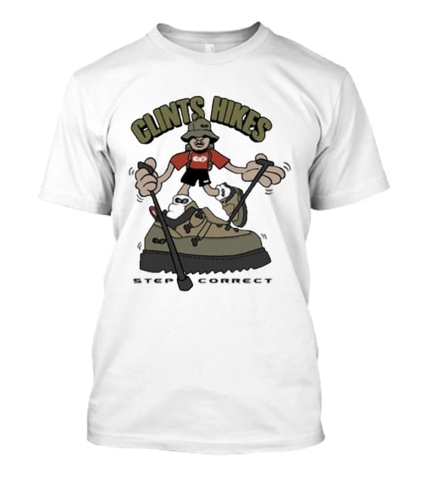 CLINTS HIKES Cartoon Hiker With Walking Sticks And Boots T-Shirt