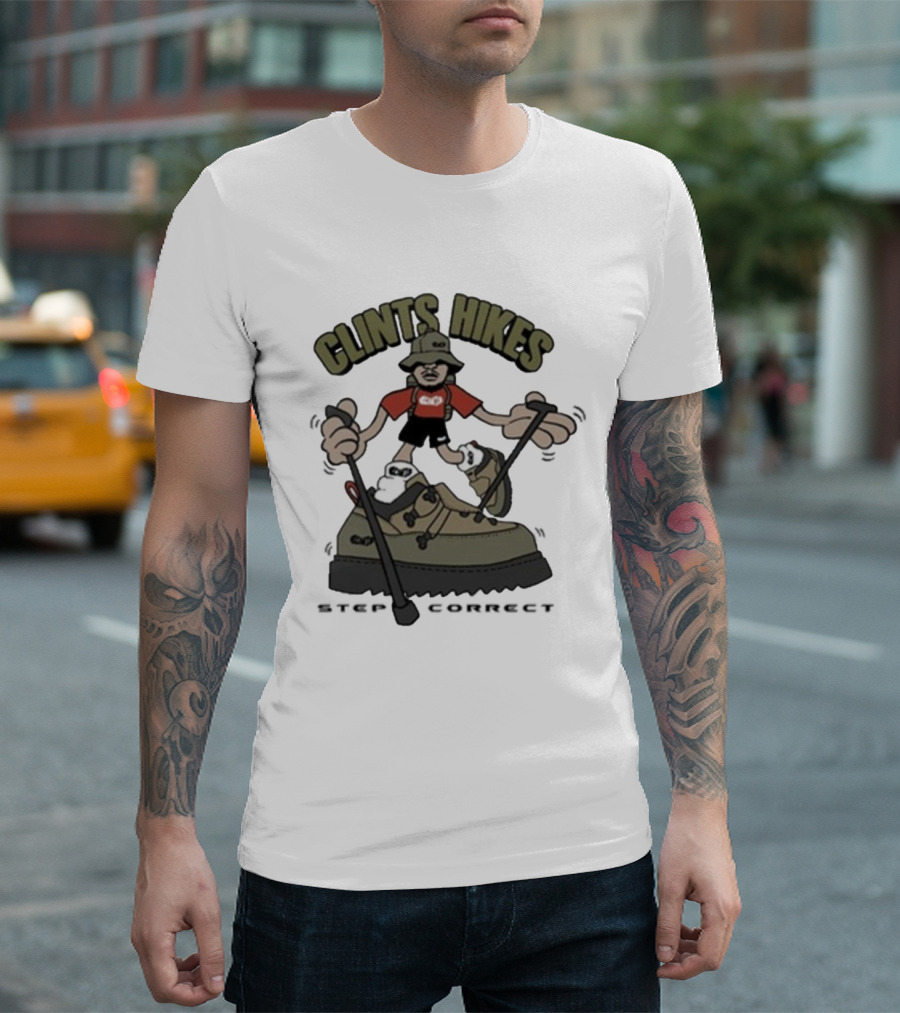 CLINTS HIKES Cartoon Hiker with Walking Sticks and Boots T-Shirt