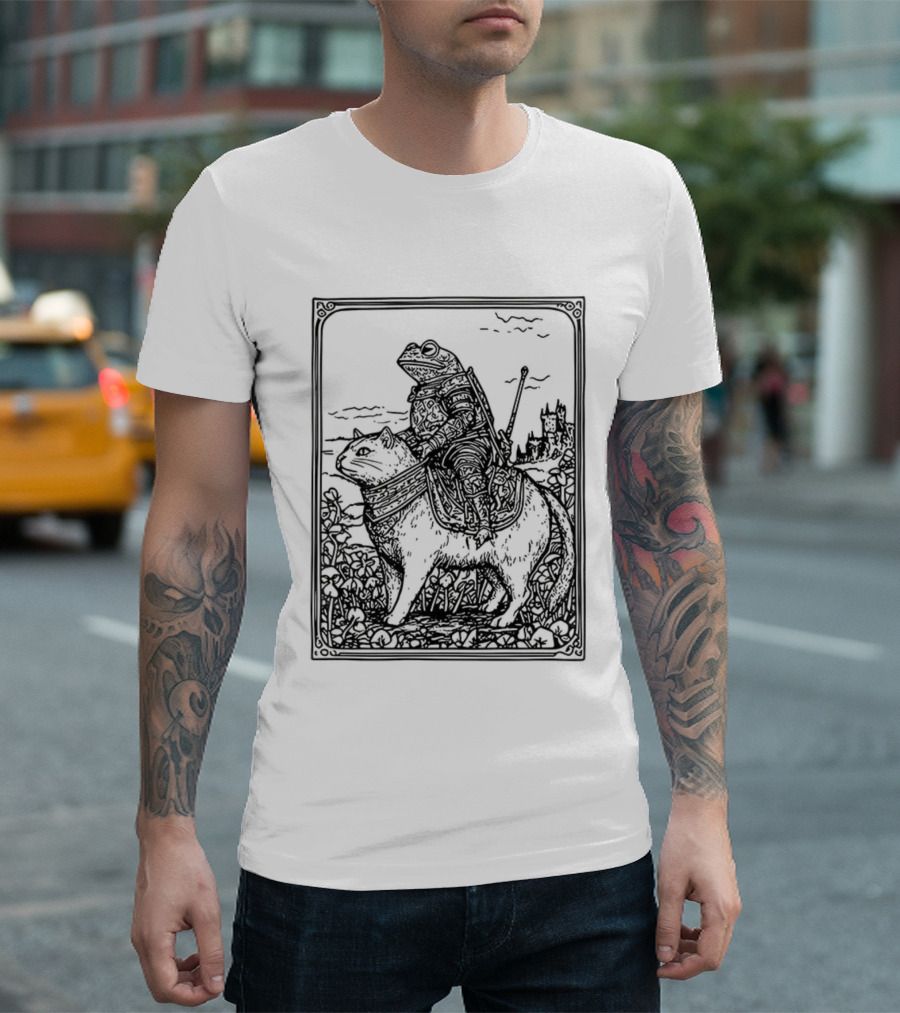 Medieval Frog Knight Riding A Cat In Armor Scene T-Shirt