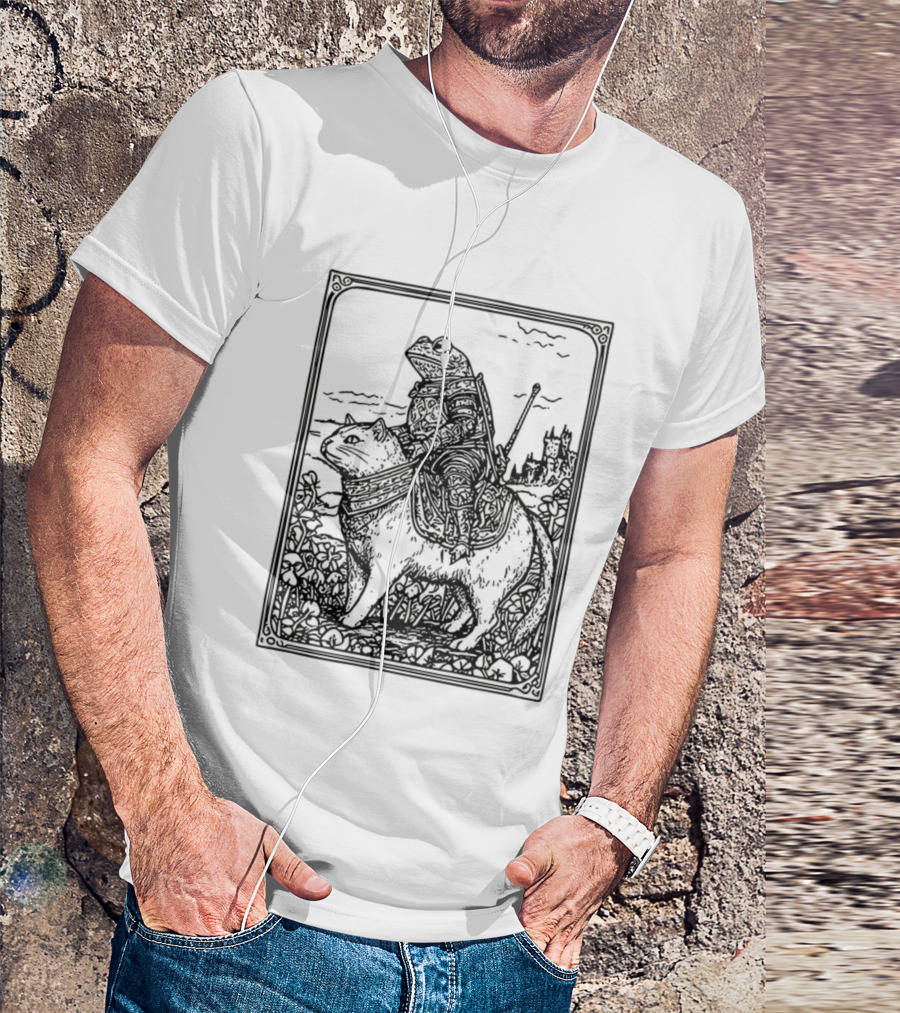 Medieval Frog Knight Riding A Cat In Armor Scene T-Shirt
