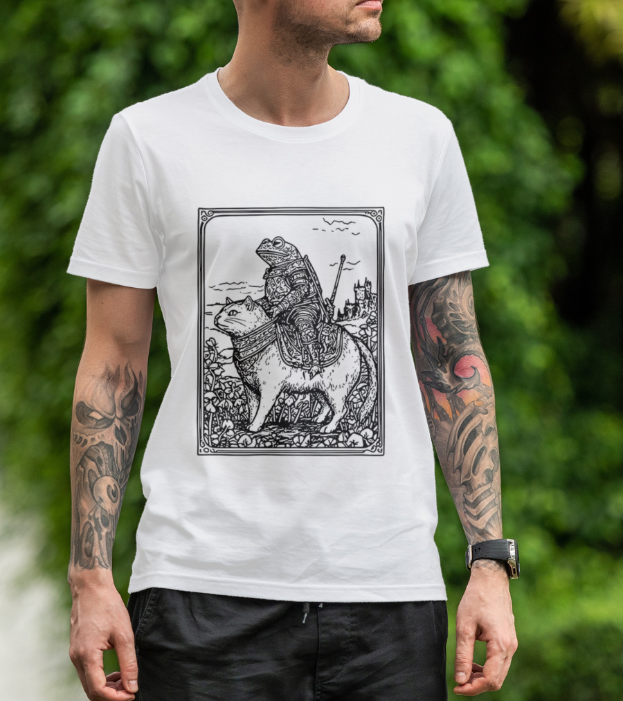 Medieval Frog Knight Riding A Cat In Armor Scene T-Shirt