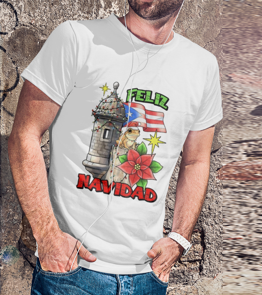 Puerto Rican Christmas Coqui Feliz Navidad Flag Poinsettia Lights T-Shirt