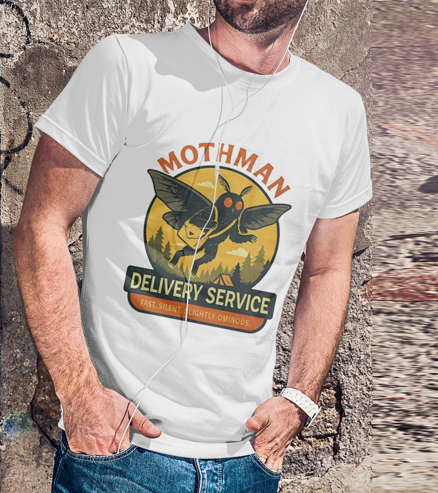 Mothman Delivery Service Fast Silent Slightly Ominous Retro Forest Imagery T-Shirt