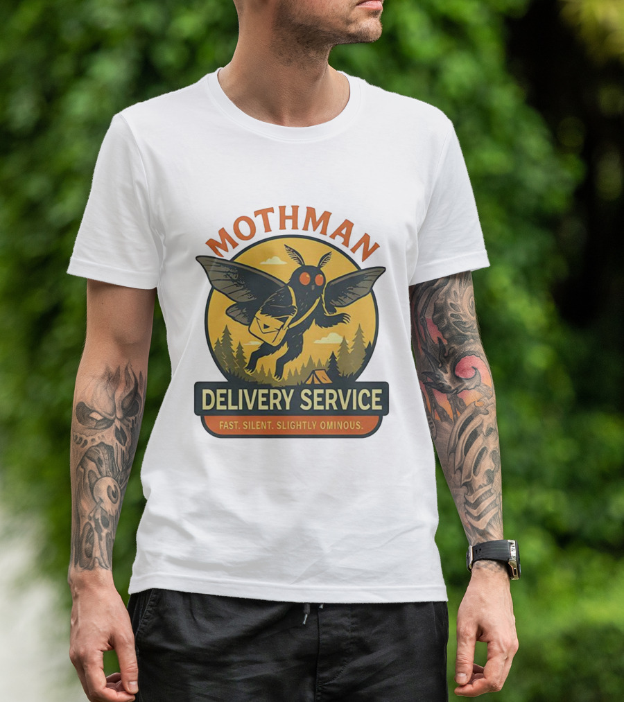 Mothman Delivery Service Fast Silent Slightly Ominous Retro Forest Imagery T-Shirt