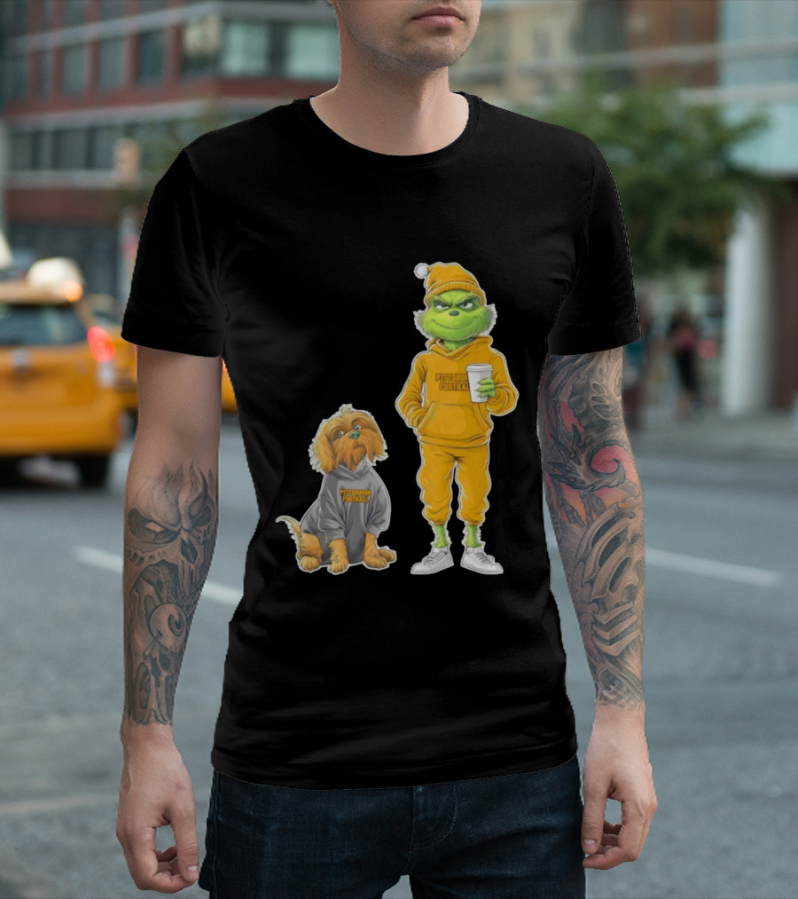 Pittsburgh Football Green Monster Grinch And Dog Christmas T-Shirt