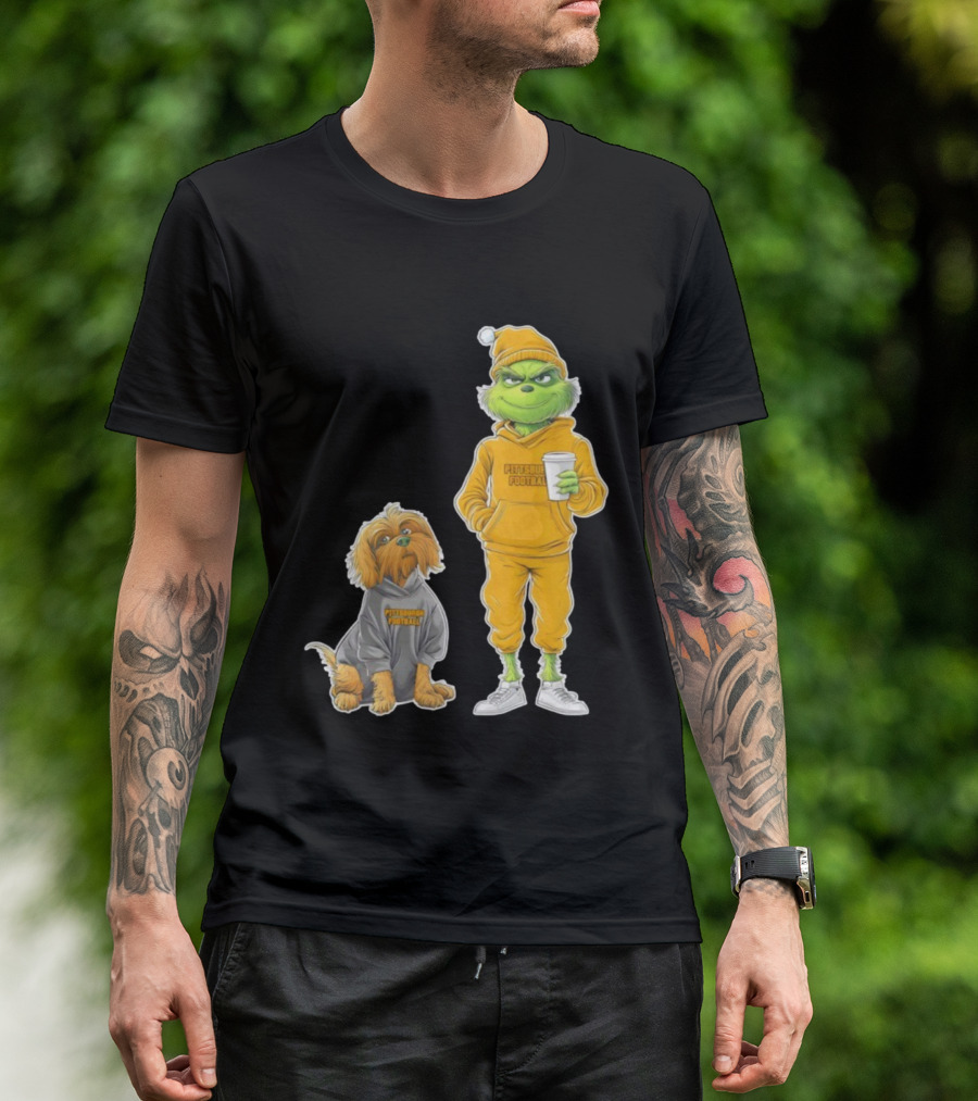 Pittsburgh Football Green Monster Grinch And Dog Christmas T-Shirt