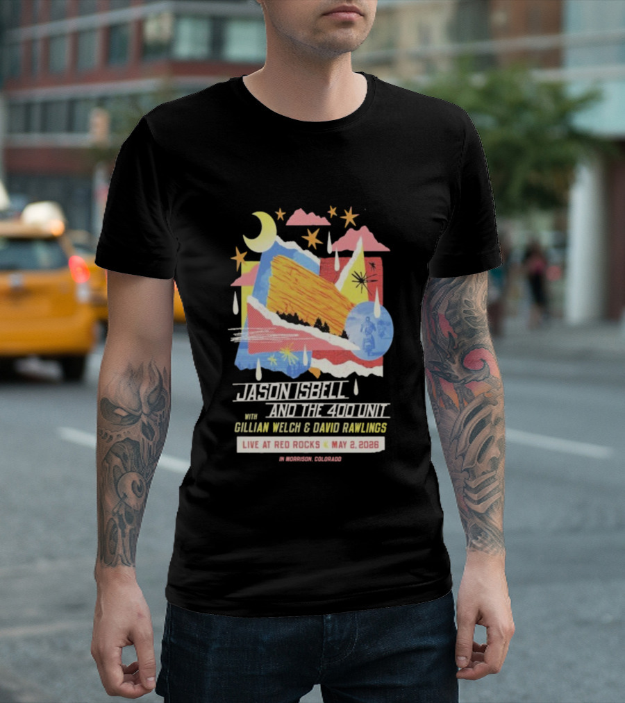 Jason Isbell And The 400 Unit Live Red Rocks May 2 2026 Gillian Welch David Rawlings Moon Stars T-Shirt