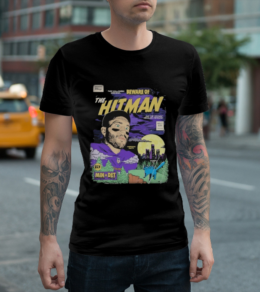 Minnesota Vikings Vs Detroit Lions Beware Of The Hitman NFL November 2 2025 Halloween Matchup Harrison Smith Vikings Defense Ford Field T-Shirt