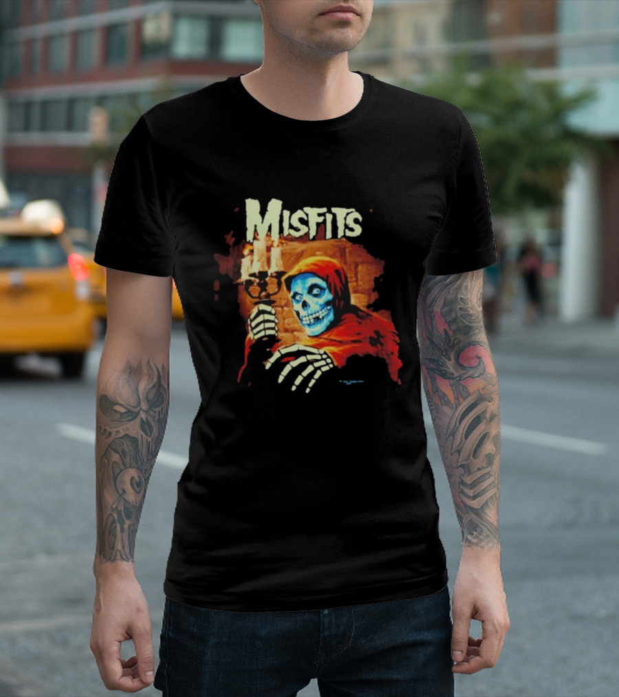 Misfits Candle Holding Skeleton In Red Hood T-Shirt
