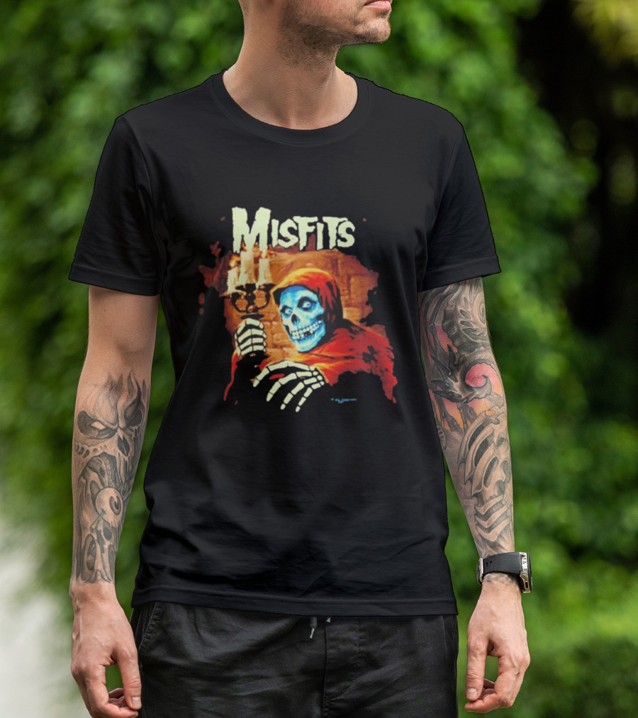 Misfits Candle Holding Skeleton In Red Hood T-Shirt